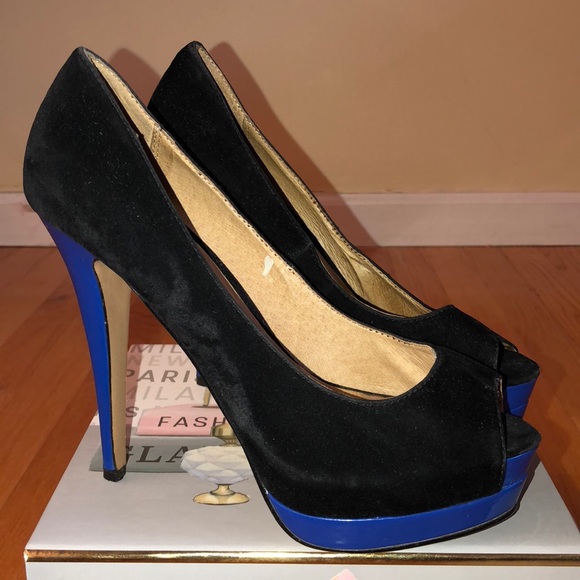 Aldo Suede Open-Toe Pumps- Black/Blue Size 8 - Picture 4 of 5